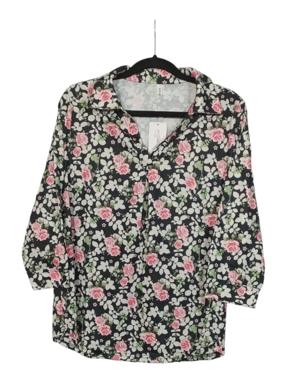 Bluetime Coastal Tunic Top Women's Size L Floral V Neck 3/4 Sleeve Dressy Blouse
